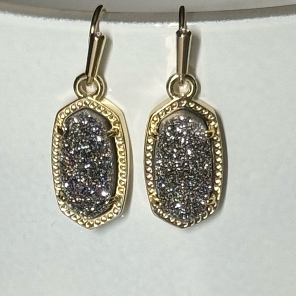 Kendra Scott Lee Gold Drop Earrings in Platinum Drusy. - Picture 5 of 7